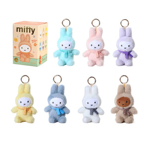 Set of Miffy plush keychains in various colors with a box labeled 'miffy' Blind box series 