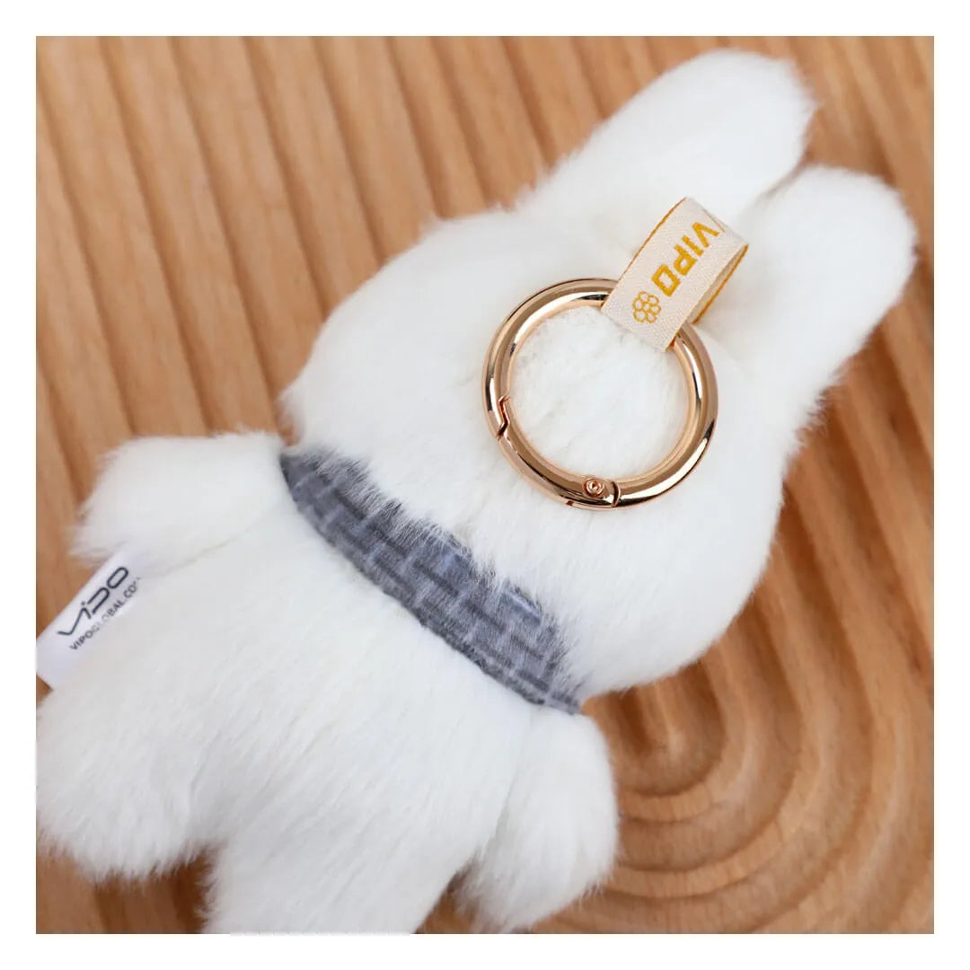 White Miffy Macaron Series 2 plush keyring with gingham scarf and gold-tone clasp.