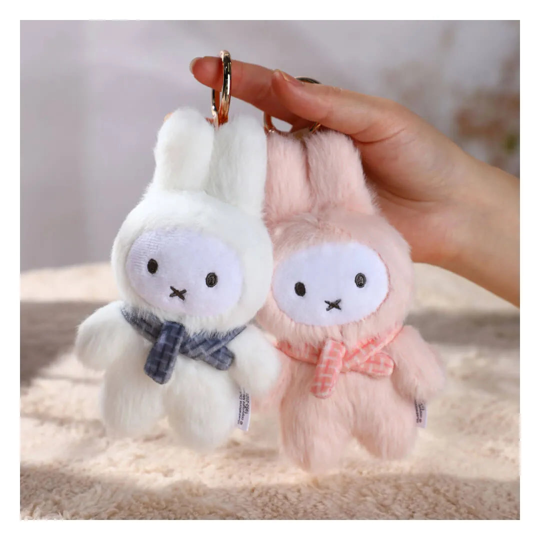 Pink and White Miffy Macaron Series 2 plush keyring featuring a pastel bunny suit and gingham scarf.