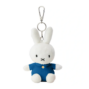 Plush rabbit keychain with a blue outfit on a white background