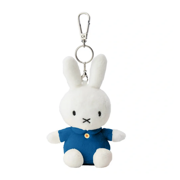 Plush rabbit keychain with a blue outfit on a white background