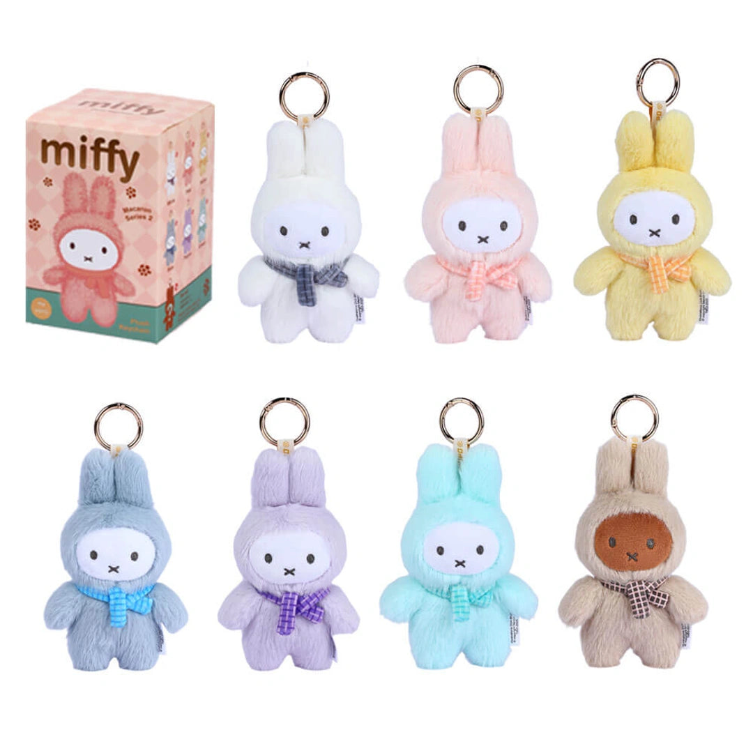 Set of colorful plush keychains with a Miffy box in the background. Blind box Australia 