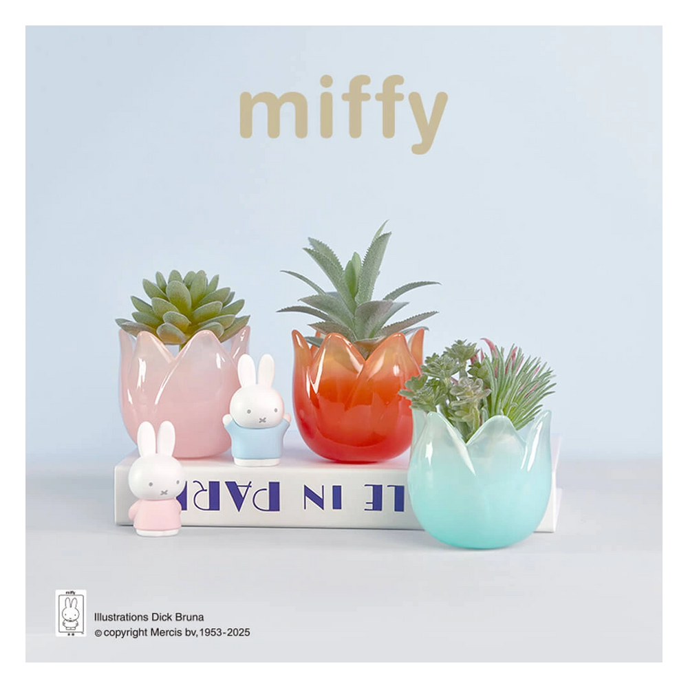 Decorative set with colorful planters and small miffy figurines on a light blue background.