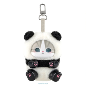 A plush panda-shaped keychain or bag charm with a white faux-fur body, black ear and arm patches, large blue eyes, pink paw-print accents on the feet, and a silver metal clasp at the top, shown on a plain white background.