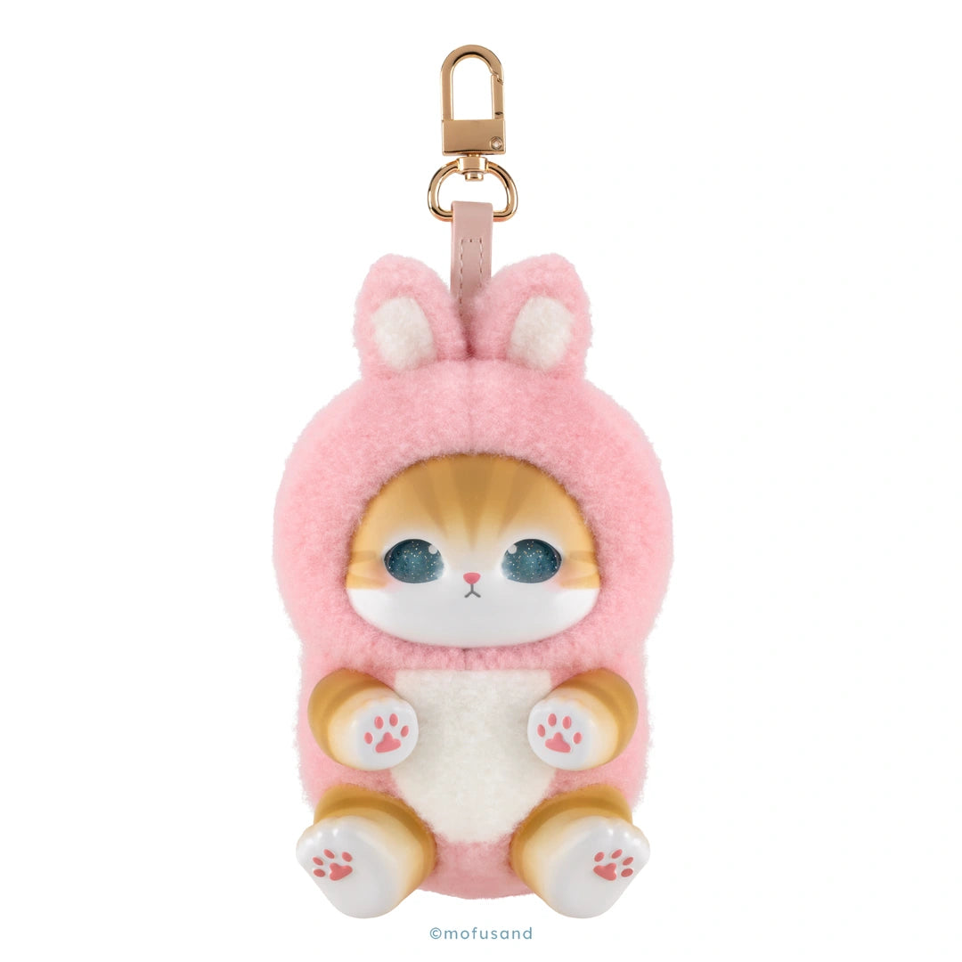 A pink plush keychain shaped like a cute cat wearing a bunny hood, with a gold metal clasp at the top, shown on a plain white background.