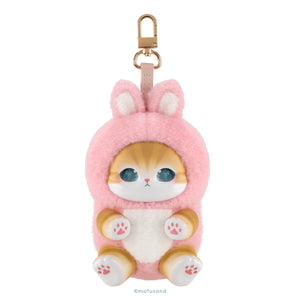 A pink plush keychain shaped like a cute cat wearing a bunny hood, with a gold metal clasp at the top, shown on a plain white background.