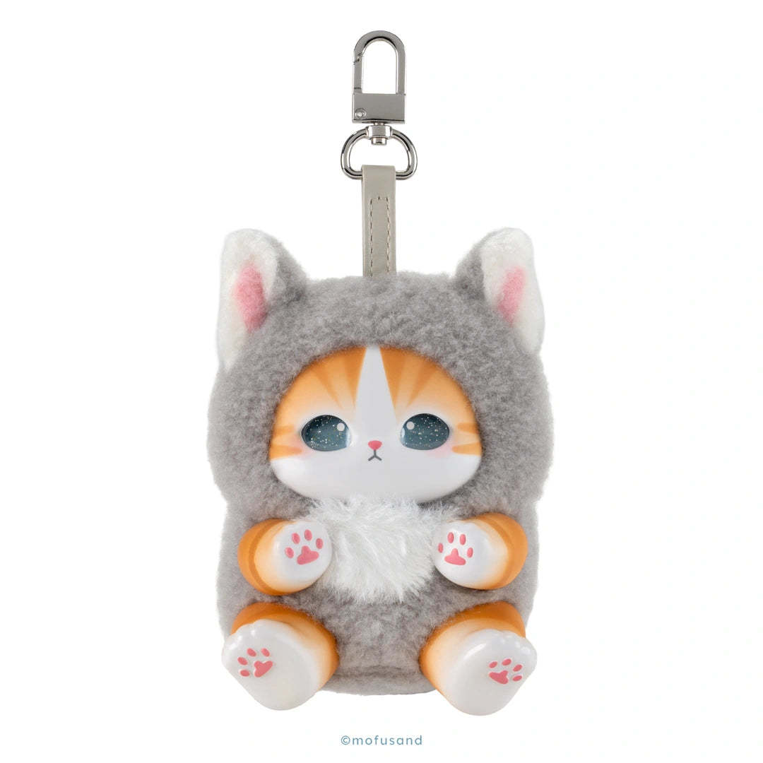 A plush cat-shaped keychain or bag charm in a gray cat costume, featuring orange and white fur details, large blue eyes, and a silver metal clasp at the top, shown on a plain white background.