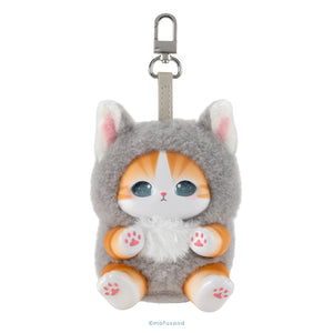 A plush cat-shaped keychain or bag charm in a gray cat costume, featuring orange and white fur details, large blue eyes, and a silver metal clasp at the top, shown on a plain white background.