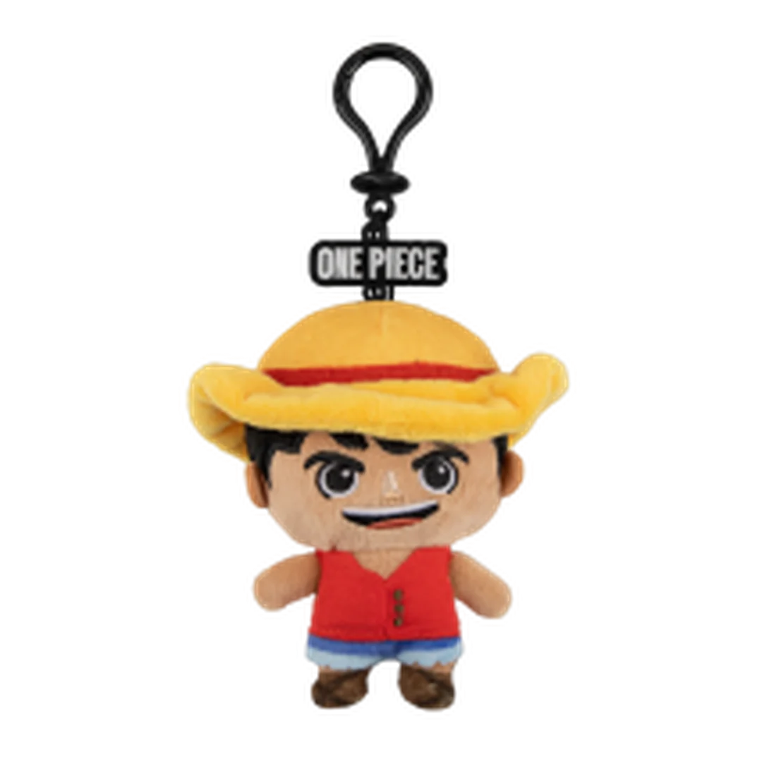 Plush keychain of a character from 'One Piece' with a yellow hat and red shirt on a white background.