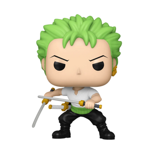 Funko Pop! vinyl figure of a Zoro with green hair and swords on a white background