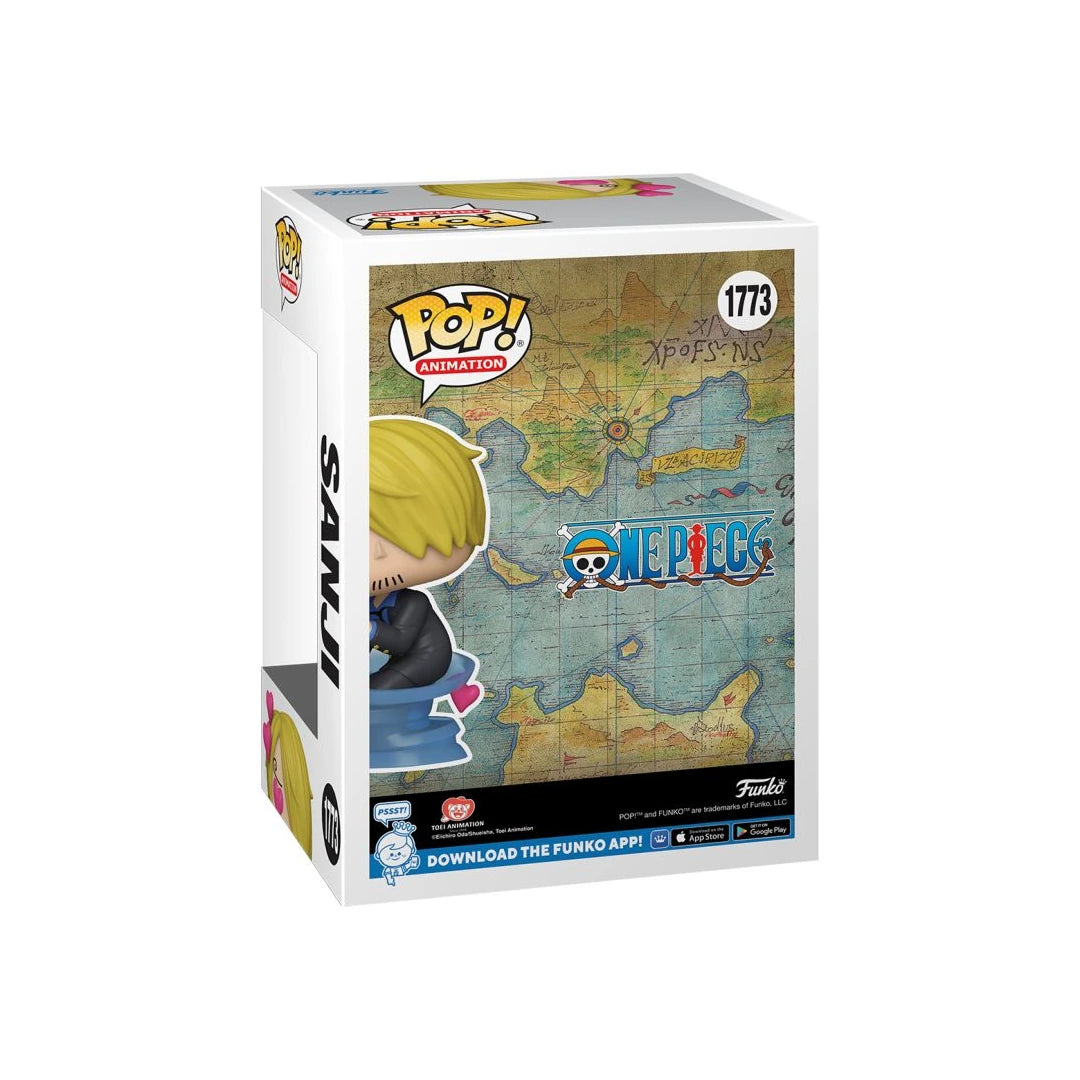 Funko Pop! vinyl figure packaging with map design and Sanji from One Piece illustration 