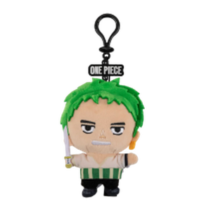 Plush keychain of a Zoro from 'One Piece' with green hair and a sword 
