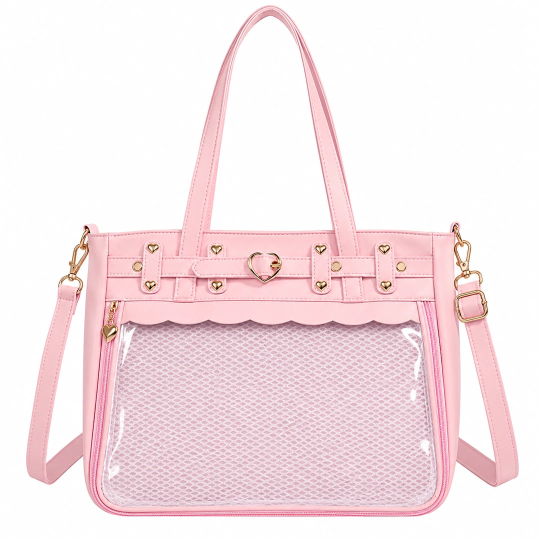 A pink ita bag with a clear mesh front pocket, gold-tone hardware, and a matching shoulder strap, shown on a plain white background.