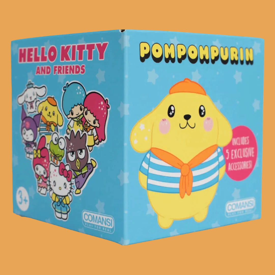 Box of Hello Kitty and Friends Pompompurin toy set with cartoon characters on a blue background