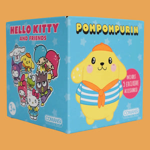 Box of Hello Kitty and Friends Pompompurin toy set with cartoon characters on a blue background