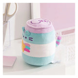 Pastel-colored plush toy with a cat design on a white surface.