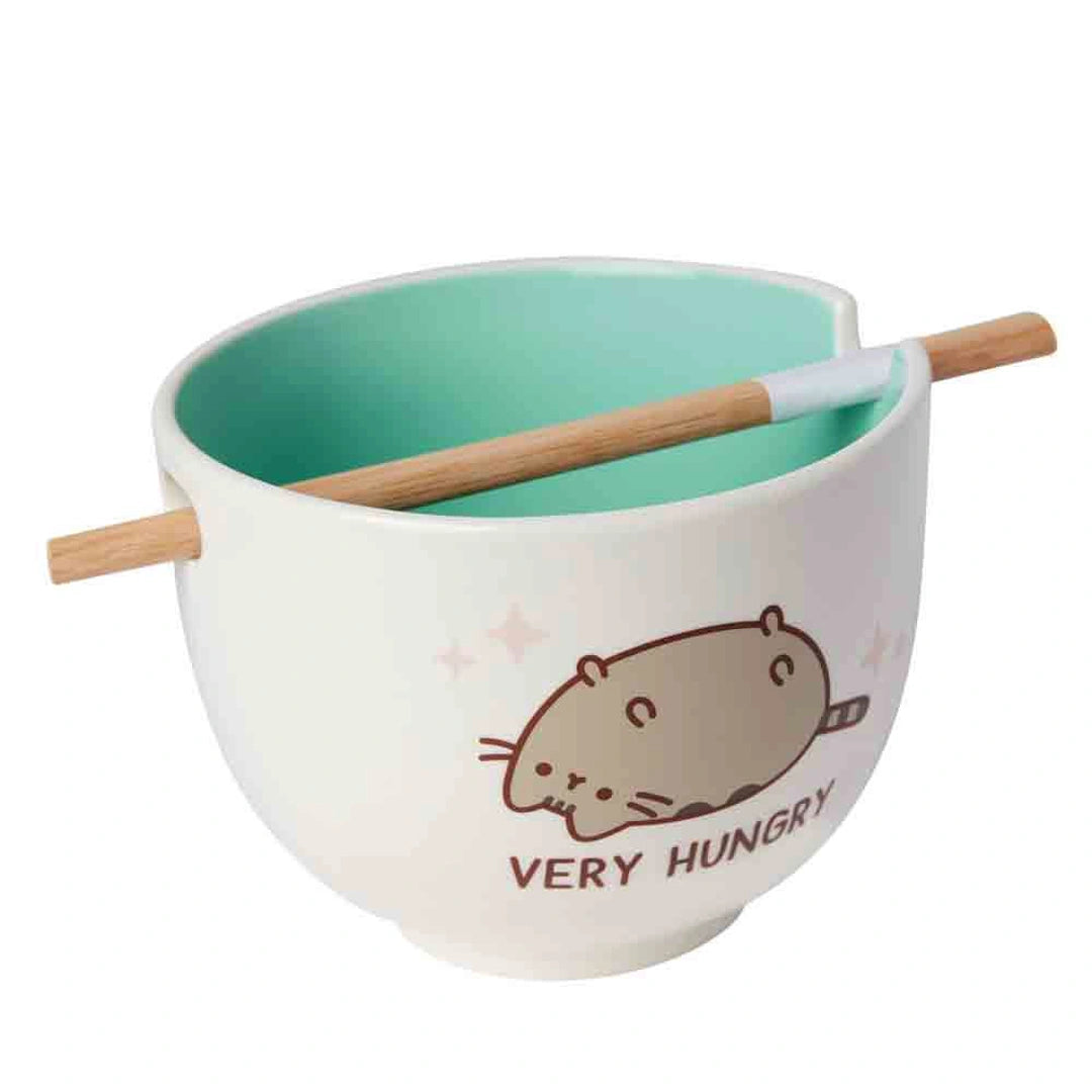 Side view of Pusheen Very Hungry ceramic ramen bowl with bamboo chopsticks – kawaii anime cat bowl for noodles