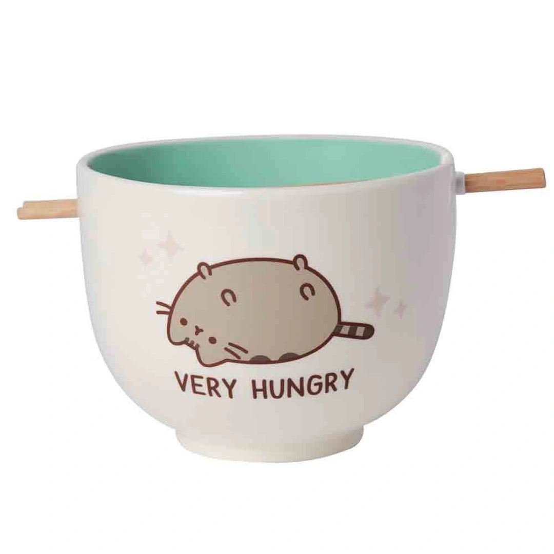 Front view of Pusheen Very Hungry noodle bowl with turquoise interior and chopstick holder – kawaii ramen bowl