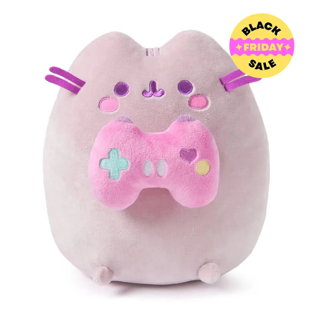 Plush toy resembling a cat with a pink game controller on a white background