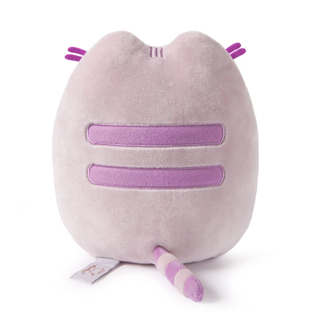 Back view of Pusheen plush showing purple stripes and tail