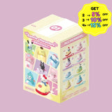 Box of Sanrio character figurines with discount information on a pink background