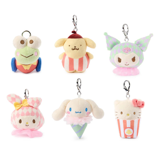 Six cute Sanrio plush character keychains arranged in two rows on a plain white background. The characters include a green frog, Keroppi,  a cream bear in a striped outfit, a pastel monster with pointed ears, a pink bunny with a bow My Melody, a cream dog in an ice cream cone Pompom purin,and a Hello Kitty popcorn character.