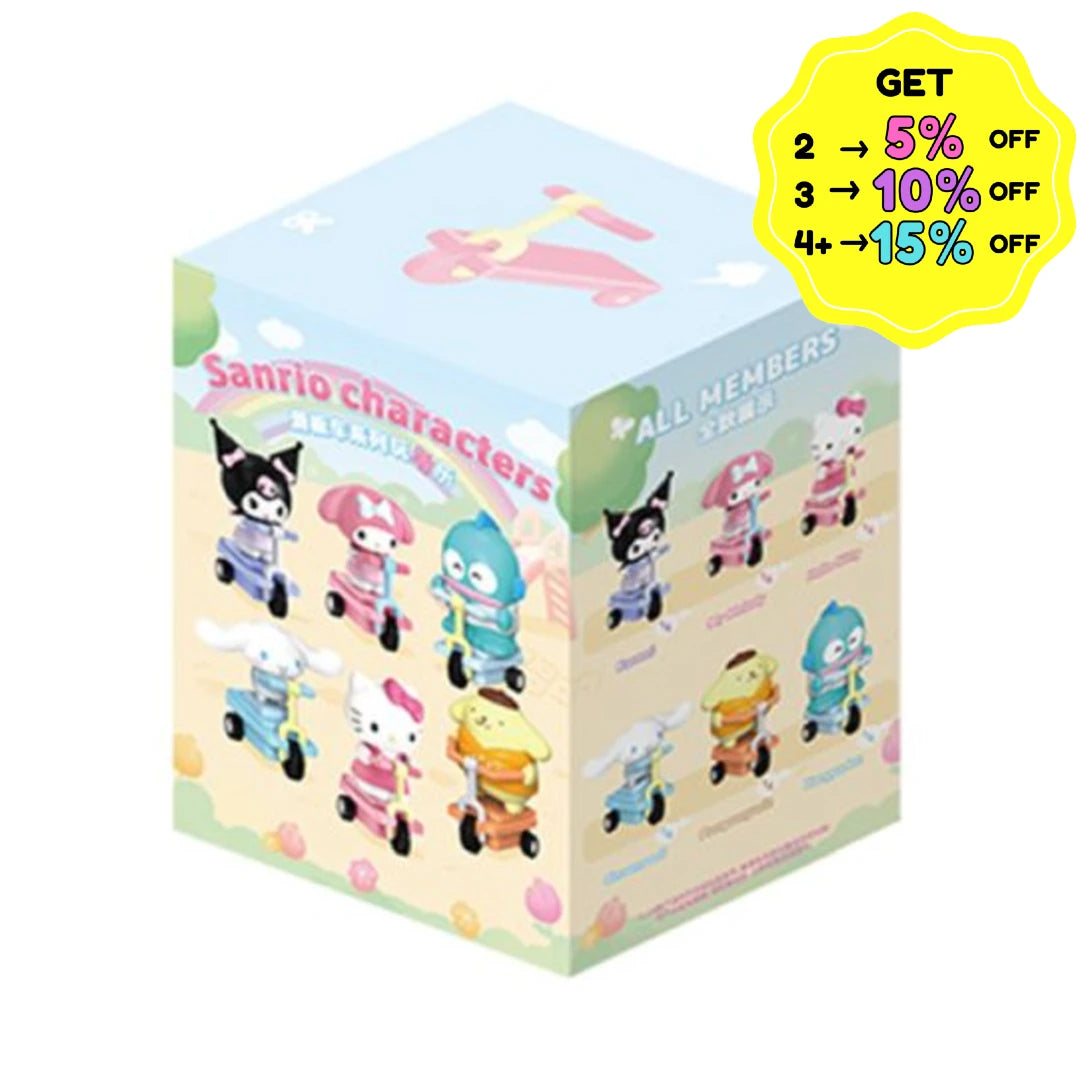 Box of Sanrio character figurines with promotional text on a white background