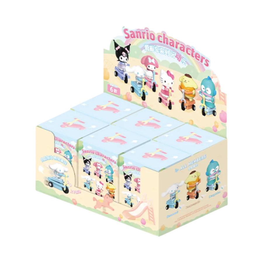 Box of Sanrio character toys with colorful packaging. Blind box Scooter Series, Hello Kitty and Friends 