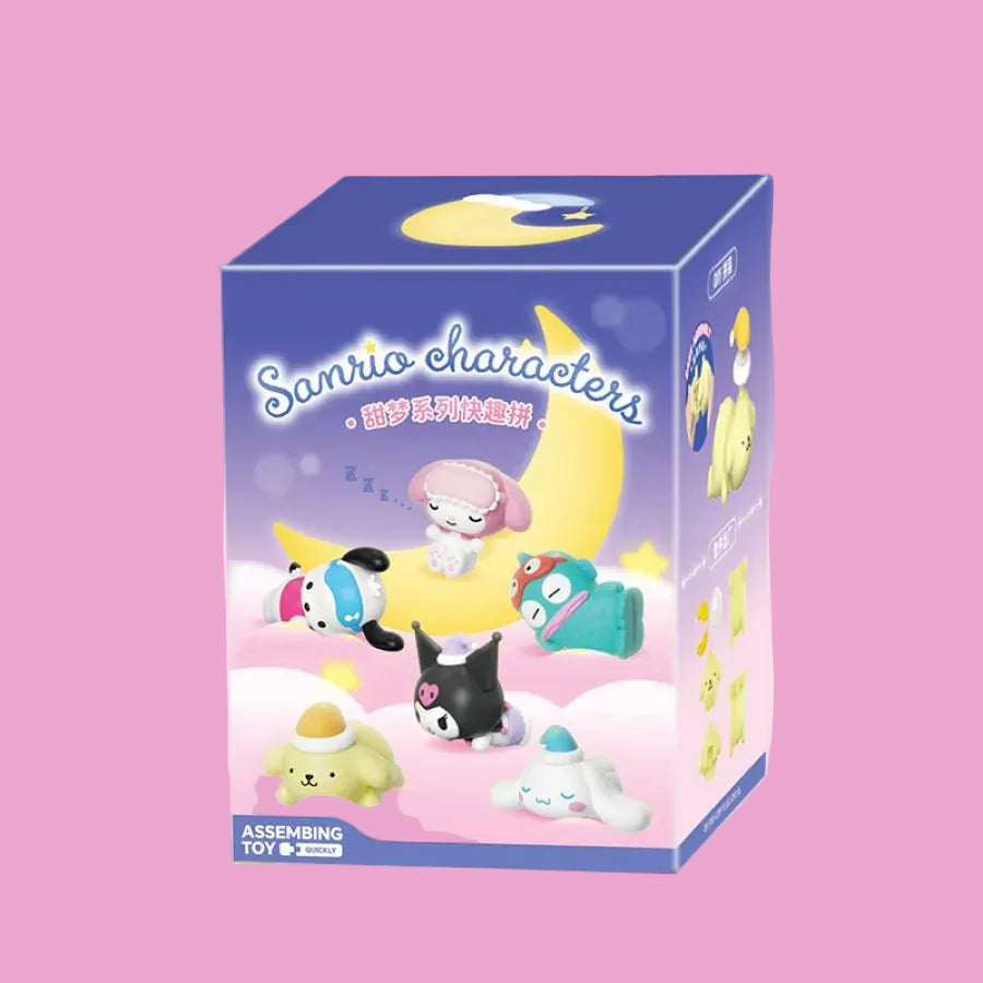 Box of Sanrio characters toys with a gradient purple to pink background