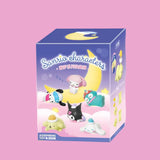 Box of Sanrio characters toys with a gradient purple to pink background