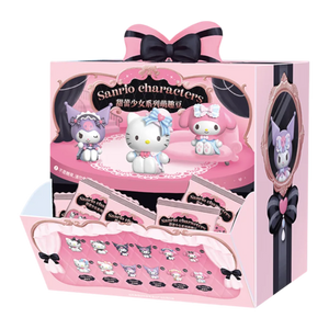 Pink packaging box with Sanrio character figurines. Blind bag series 