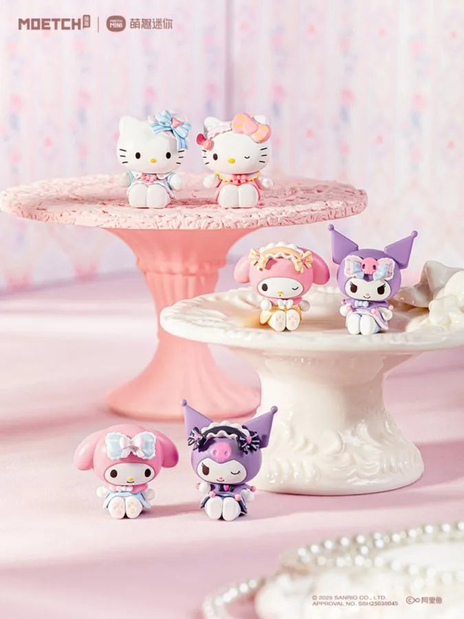 Set of cute figurines on a pink and white cake stand with a soft pink background. Sanrio blind bag 