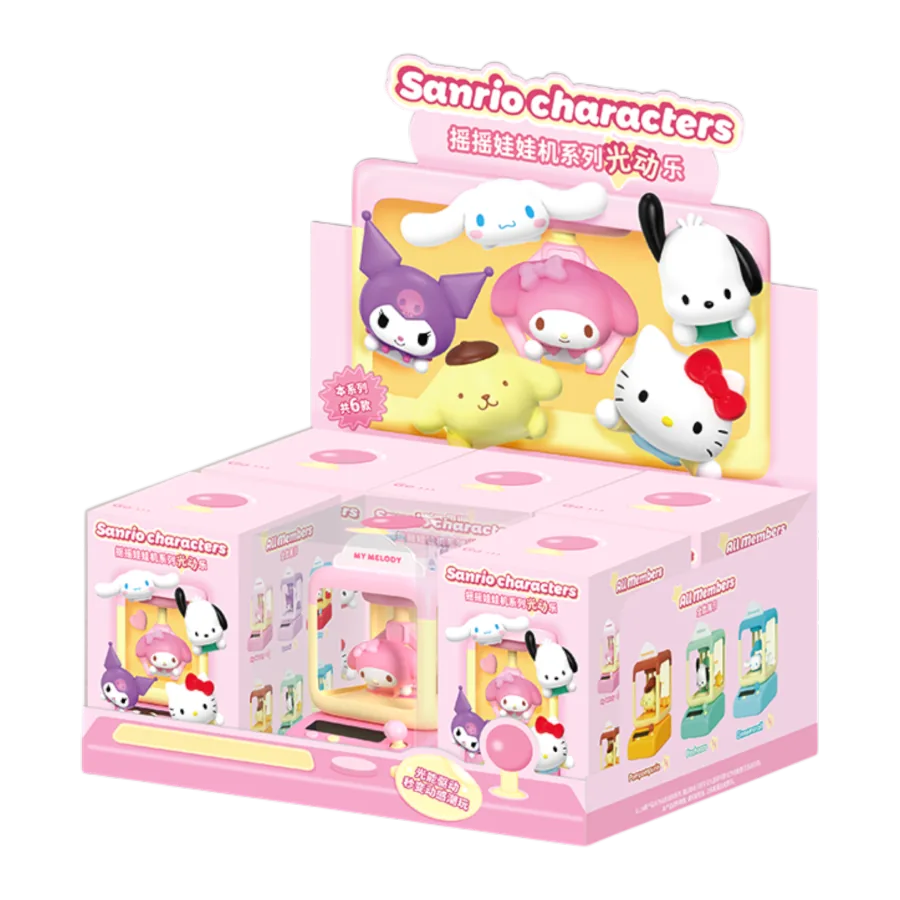 Box of Sanrio character wobble machine display with colorful packaging on a white background