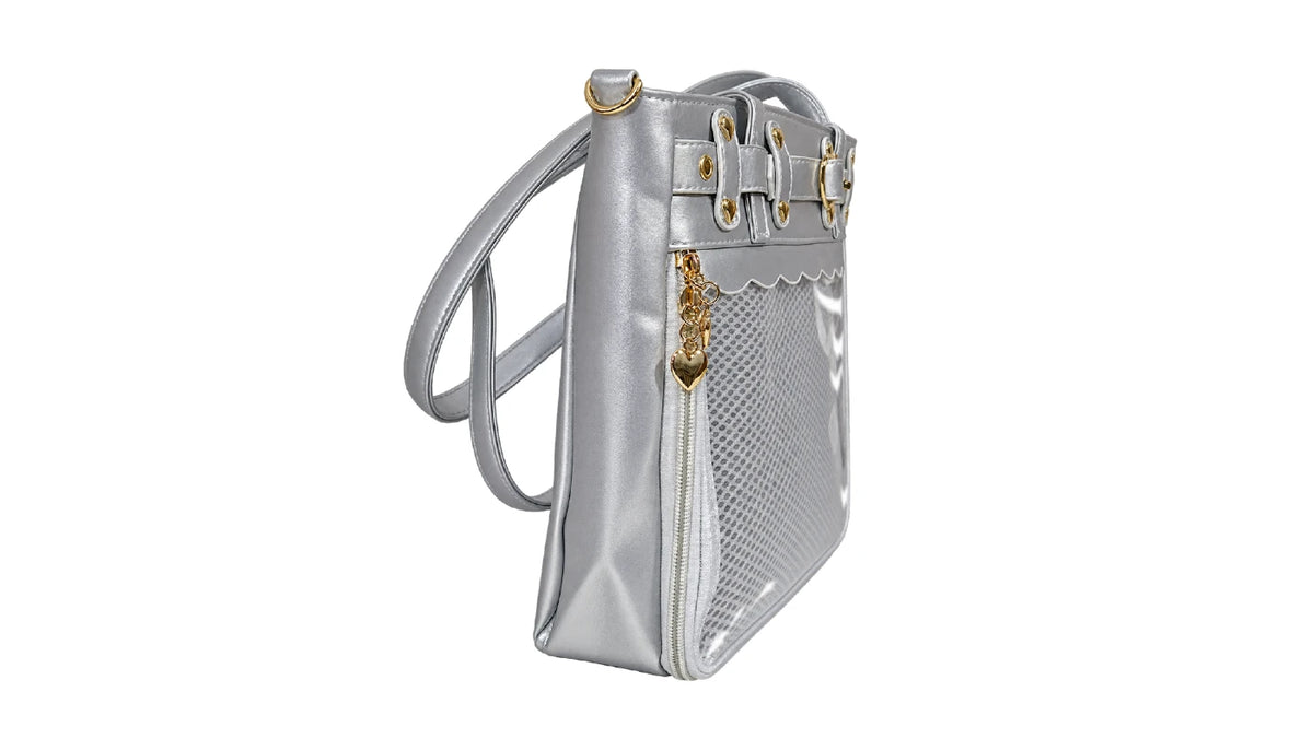 A metallic silver shoulder ita bag with a textured mesh front pocket, gold-tone hardware, and a matching silver strap, shown against a plain white background.