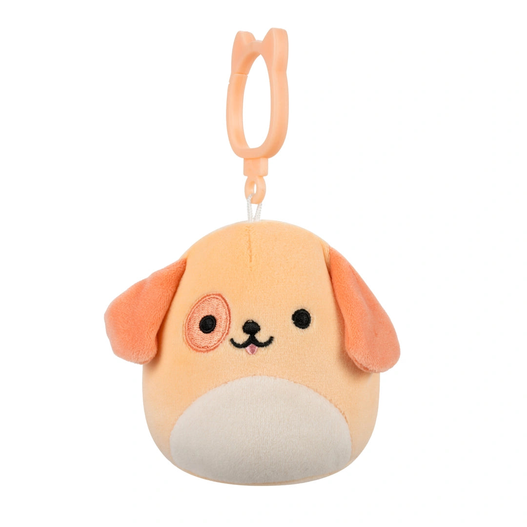 Plush dog toy with a clip on a white background