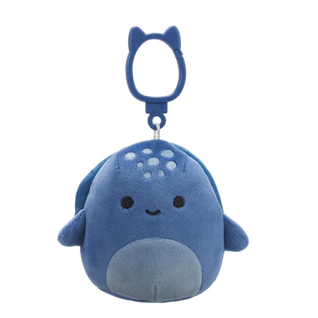 Blue plush toy with a keychain attachment on a white background
