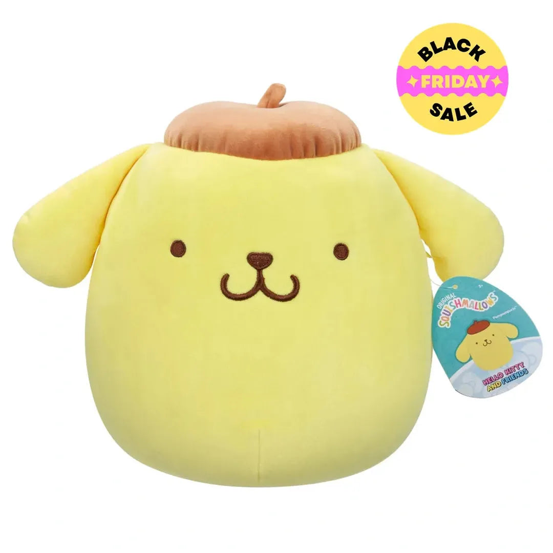 Front view of 8-inch Pompompurin Squishmallows plush with brown beret