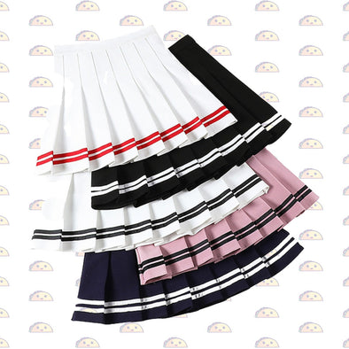 White Pleated Stretchy Skirt Red Stripes - with shorts